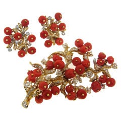 Julius Cohen Diamond, Coral & Yellow Gold Brooch & Earrings Set