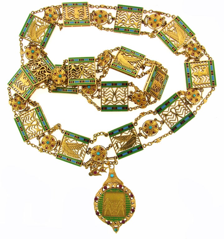 Art Deco Egyptian Revival Ruby, Turquoise, Enamel & Gold Necklace