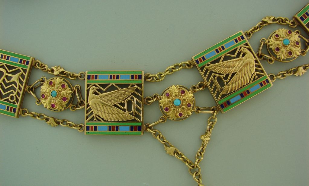 Art Deco Egyptian Revival Ruby, Turquoise, Enamel & Gold Necklace 2