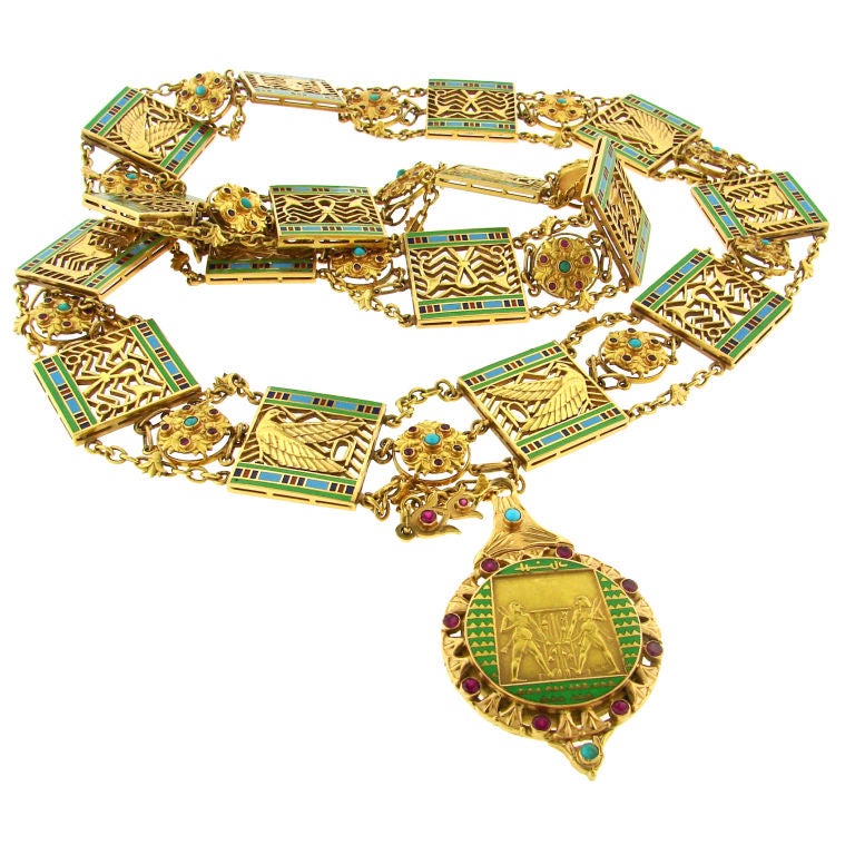 Art Deco Egyptian Revival Ruby, Turquoise, Enamel 
Gold Necklace