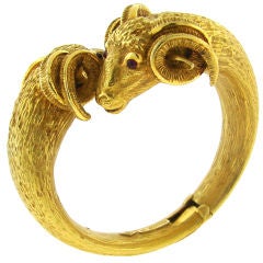 Ram Head with Ruby Eyes Yellow Gold Bangle by Zadora