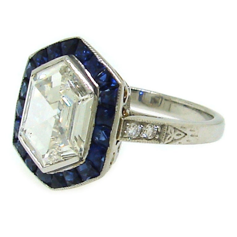 Art Deco Sechseck Diamant im Rosenschliff:: Saphir & Platinring