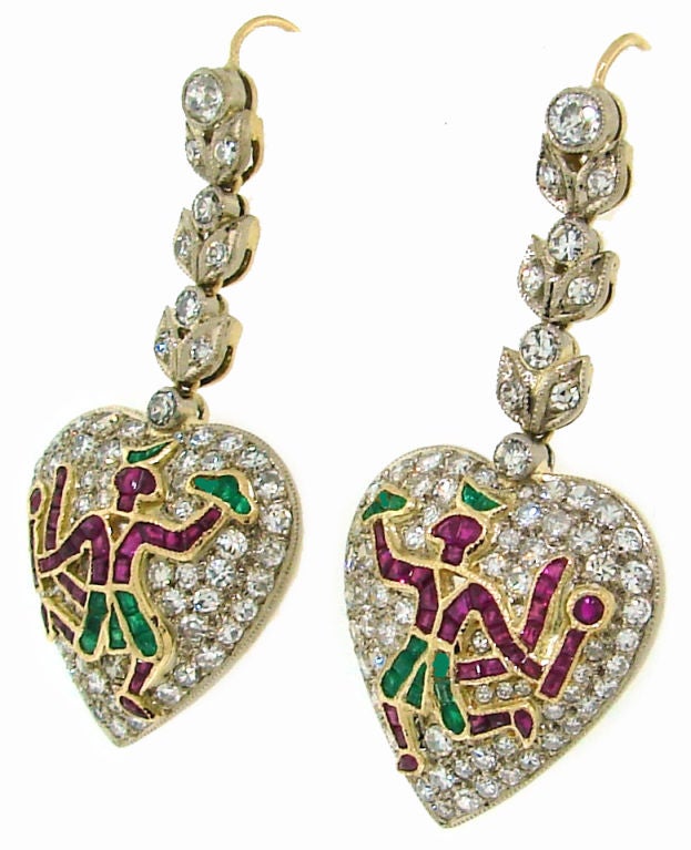 Women's c.1930's Indian Epic Motif Diamond Gems Platinum Gold Earrings and Pin Set For Sale
