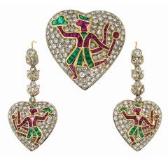 Vintage c.1930's Indian Epic Motif Diamond Gems Platinum Gold Earrings and Pin Set