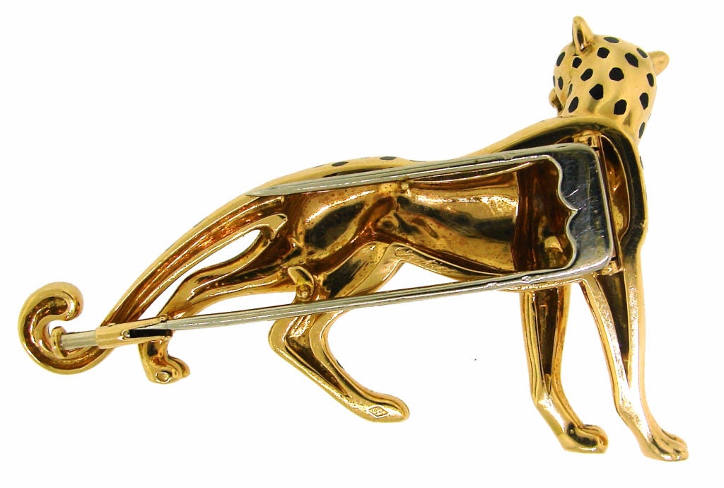 Women's CARTIER Emerald, Black Enamel & Yellow Gold Panther Pin