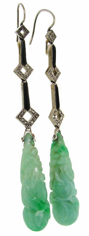 Women's Art Deco Carved Jade, Diamond, Onyx & Platinum Earrings