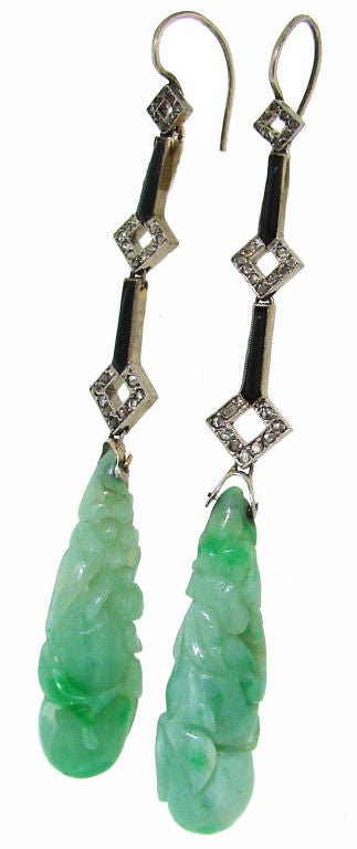 Art Deco Carved Jade, Diamond, Onyx & Platinum Earrings 1