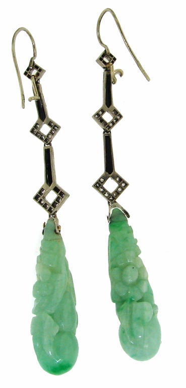 Art Deco Carved Jade, Diamond, Onyx & Platinum Earrings 2