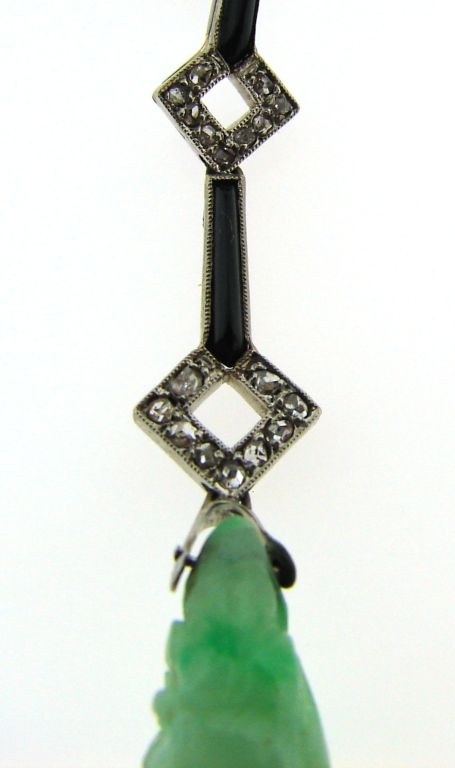 Art Deco Carved Jade, Diamond, Onyx & Platinum Earrings 6