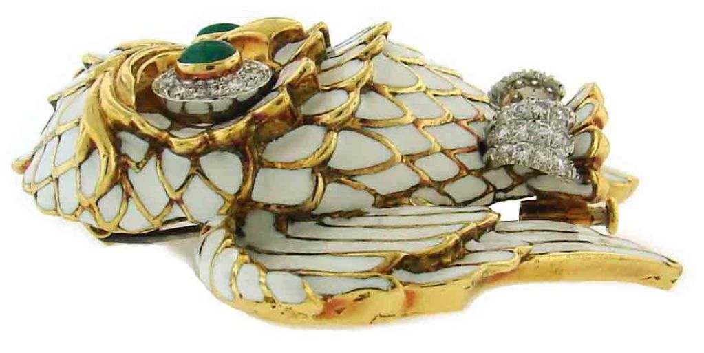 Women's D. Webb Diamond, Emerald, Enamel & Yellow Gold Owl Pin/Pendant
