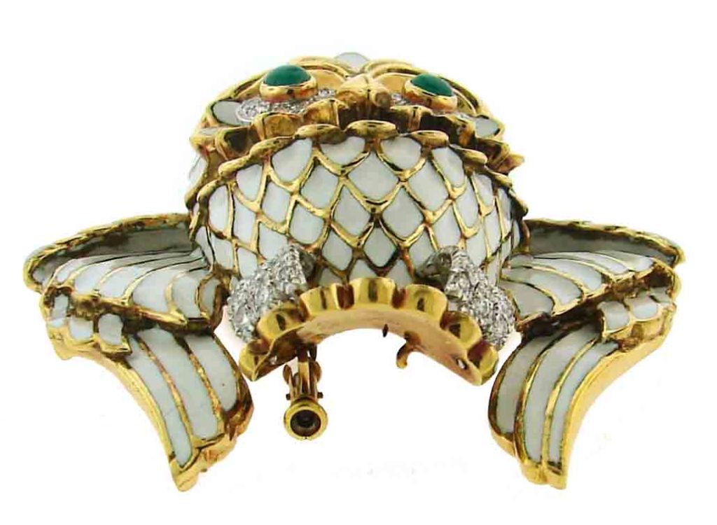 D. Webb Diamond, Emerald, Enamel & Yellow Gold Owl Pin/Pendant 1