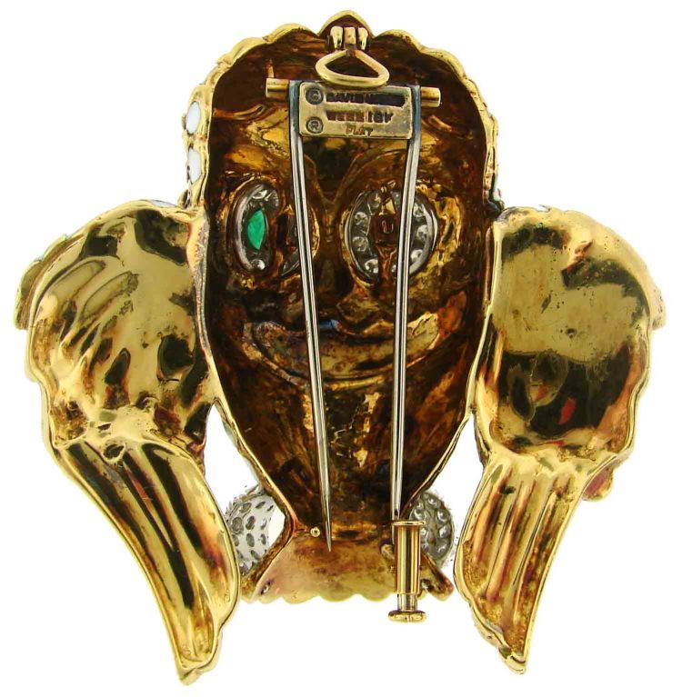 D. Webb Diamond, Emerald, Enamel & Yellow Gold Owl Pin/Pendant 2