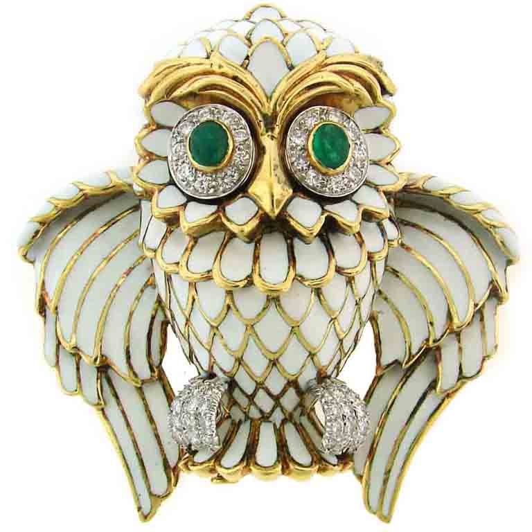 D. Webb Diamond, Emerald, Enamel & Yellow Gold Owl Pin/Pendant