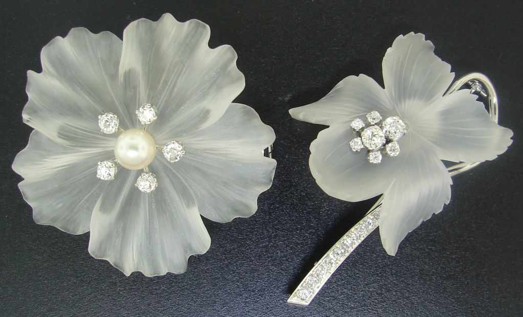 Carved Rock Crystal, Diamond, Pearl & White Gold Flower Pin Duo In Excellent Condition In Beverly Hills, CA