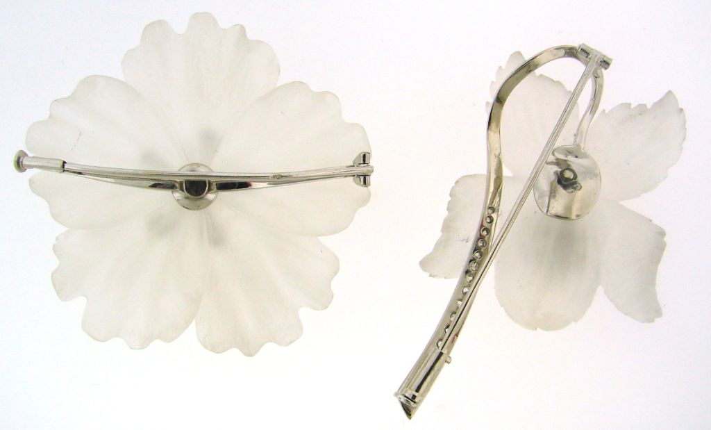 Women's Carved Rock Crystal, Diamond, Pearl & White Gold Flower Pin Duo