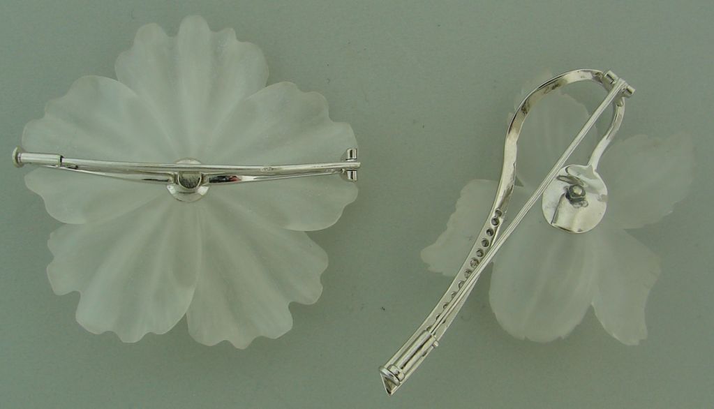 Carved Rock Crystal, Diamond, Pearl & White Gold Flower Pin Duo 1