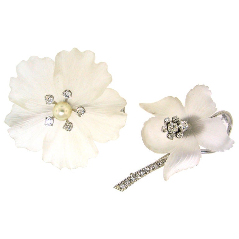 Carved Rock Crystal, Diamond, Pearl & White Gold Flower Pin Duo