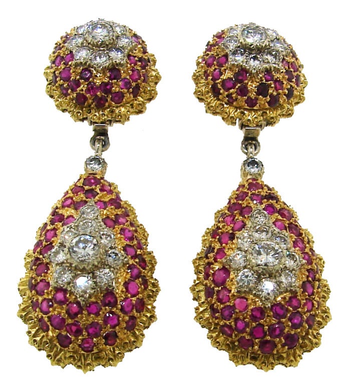 Buccellati Diamond, Ruby, White & Yellow Gold Drop Earrings