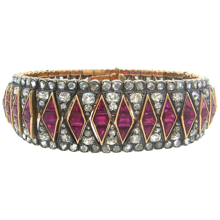 Antikes Diamant-Rubin-Silber-Roségold-Armband, 1890er Jahre