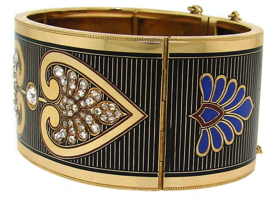 Victorian Rose Cut Diamond, Enamel & Yellow Gold Bangle Bracelet