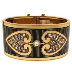 Victorian Rose Cut Diamond, Enamel 
Yellow Gold Bangle Bracelet