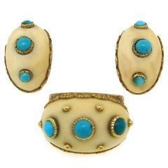 BUCCELLATI Ivory, Turquoise & Yellow/Rose Gold Ring & Earrings