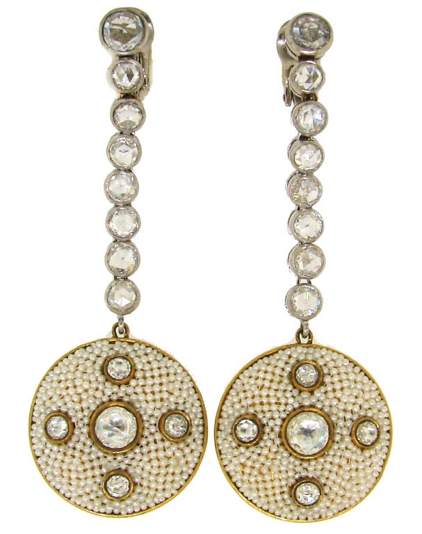 Old Indian Rose Cut Diamond, Seed Pearl, Enamel & Gold Earrings