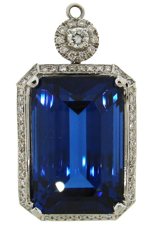 Contemporary 61.41 Carat Tanzanite Diamond White Gold Pendant For Sale