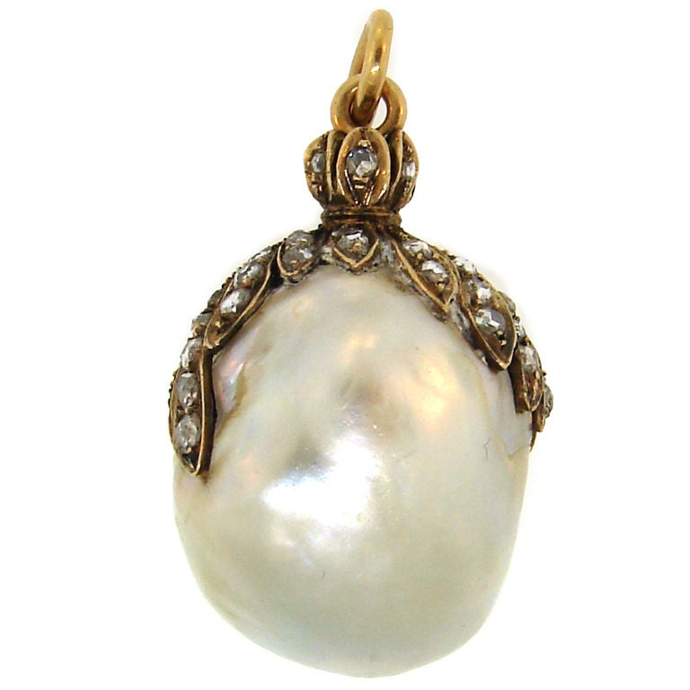 Georgian Natural Baroque Pearl, Diamond &Yellow Gold Pendant