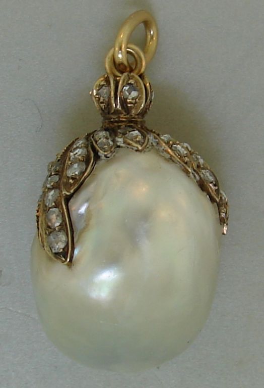 Georgian Natural Baroque Pearl, Diamond &Yellow Gold Pendant 1