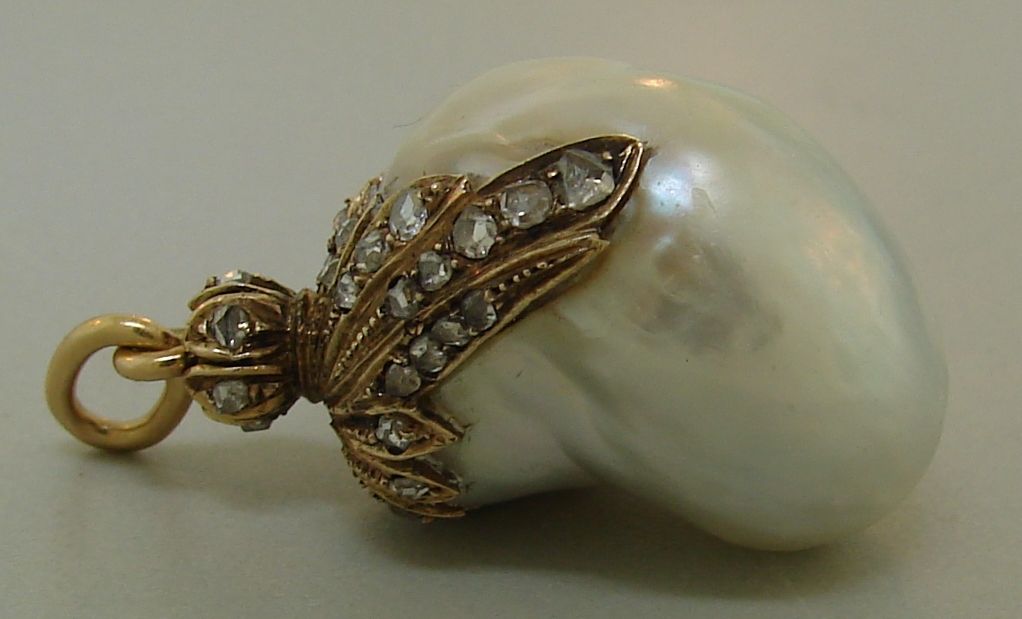 Georgian Natural Baroque Pearl, Diamond &Yellow Gold Pendant 2