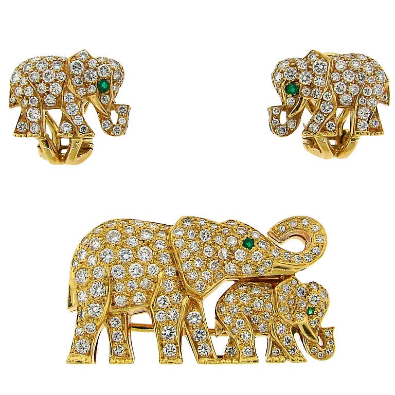 Cartier Diamond Emerald And Yellow Gold Elephant Brooch Earrings Cartier Diamond Emerald Yellow Gold Elephant Brooch Earrings