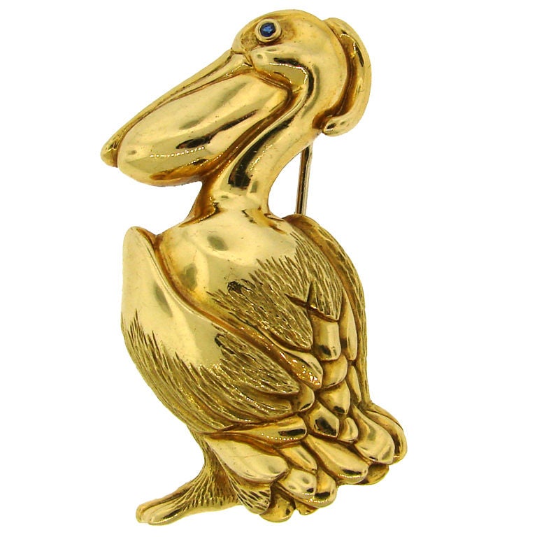 HERMES Sapphire and Yellow Gold Pelican Pin at 1stDibs
