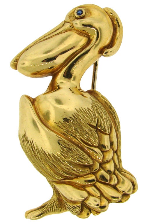HERMES Sapphire & Yellow Gold Pelican Pin