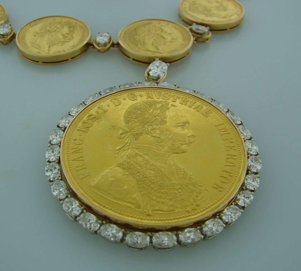 Women's Oscar Heyman Gold Antique Austrian Coins & Diamond Necklace