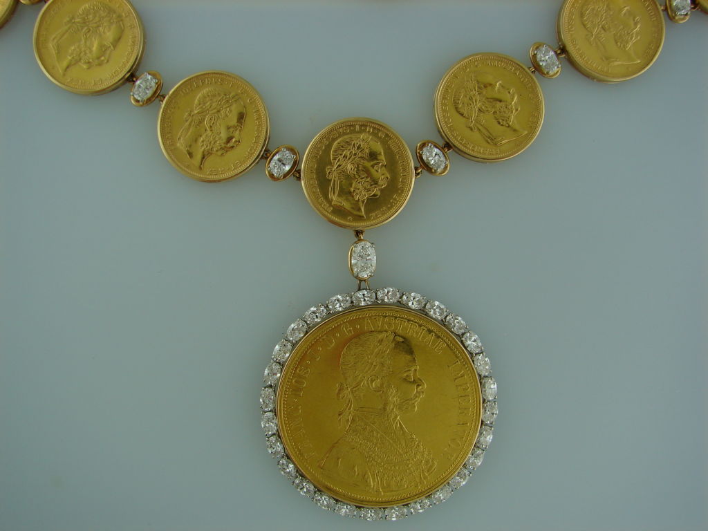 Oscar Heyman Gold Antique Austrian Coins & Diamond Necklace 2