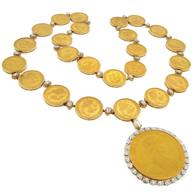 Oscar Heyman Gold Antique Austrian Coins & Diamond Necklace