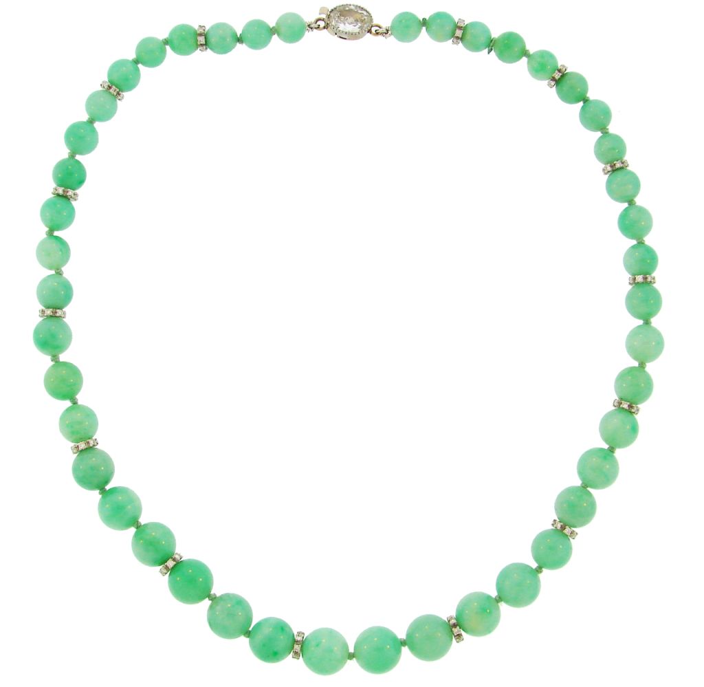 Jade Bead & Diamond Rondelle Necklace with Oval Diamond Clasp