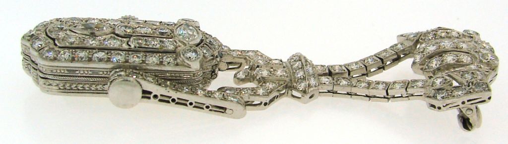 Women's Art Deco Diamond & Platinum Lapel Watch with Glycine Movement For Sale
