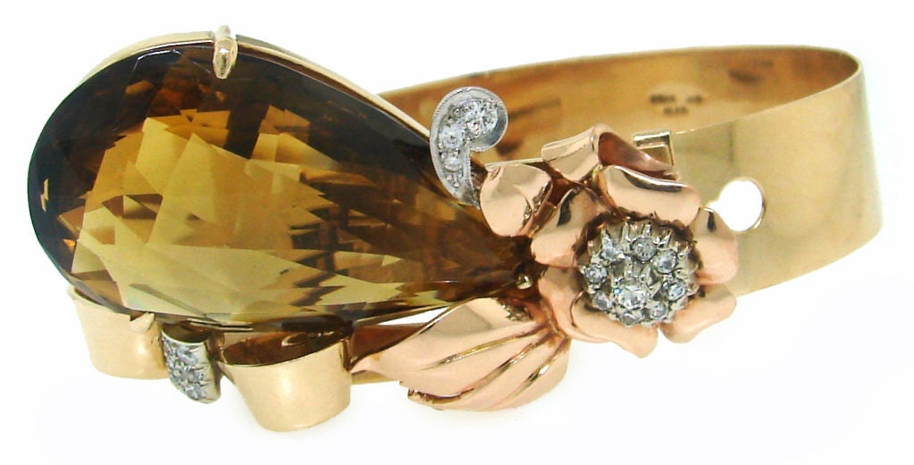 Taille mixte Birks, bracelet Estate Jewelry vintage rétro en or jaune 14 carats, citrine et diamant en vente
