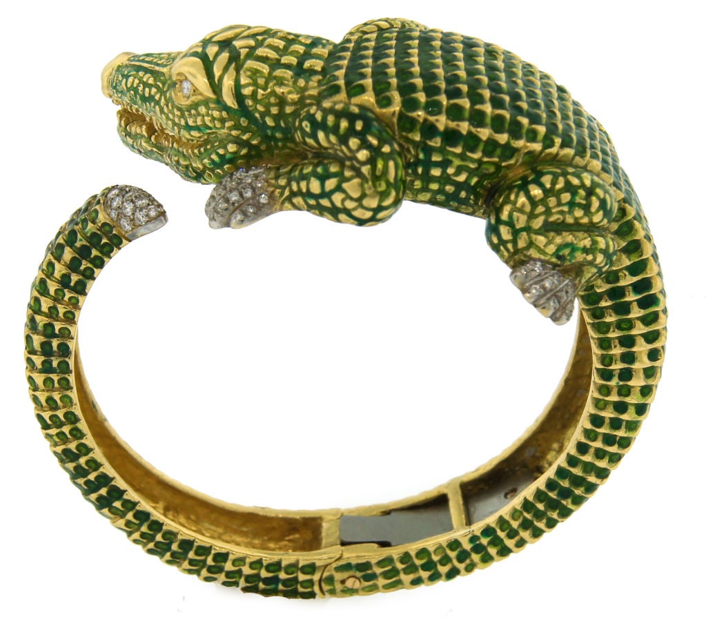 SEAMAN SCHEPPS Enamel, Diamond & Gold Crocodile Bangle Bracelet 1