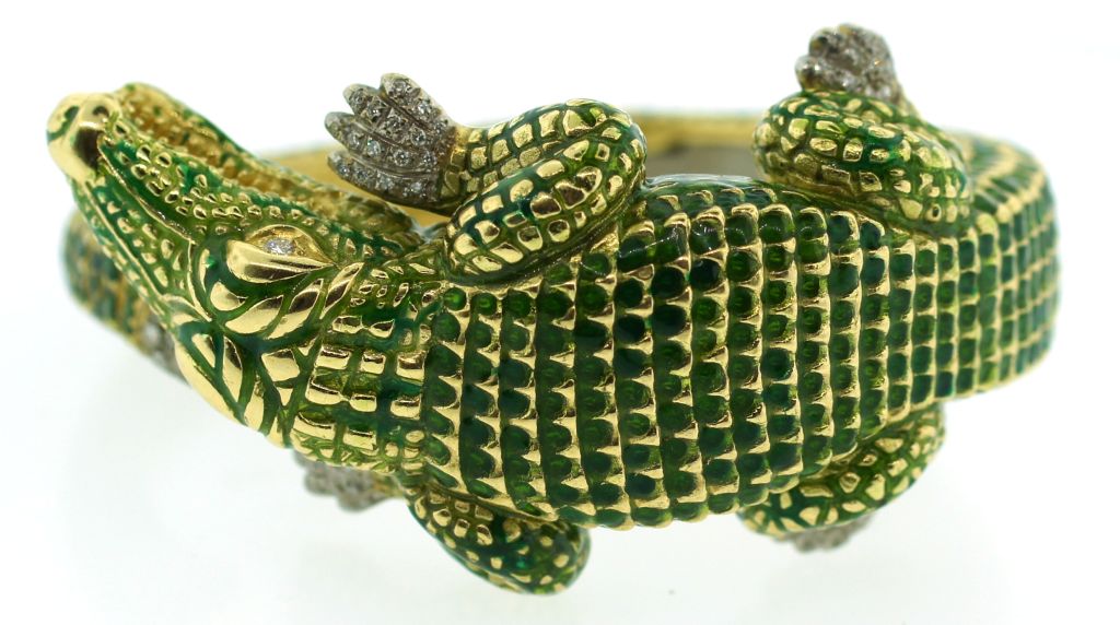 SEAMAN SCHEPPS Enamel, Diamond & Gold Crocodile Bangle Bracelet 3