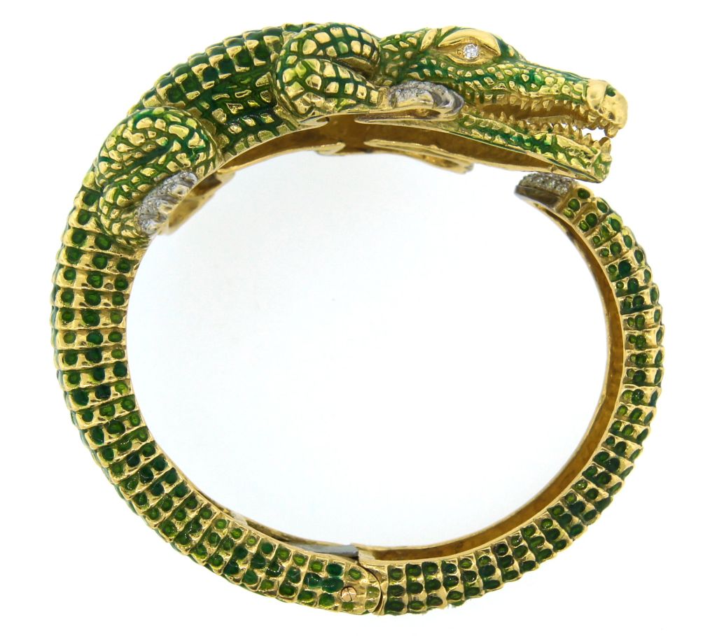 SEAMAN SCHEPPS Enamel, Diamond & Gold Crocodile Bangle Bracelet 4