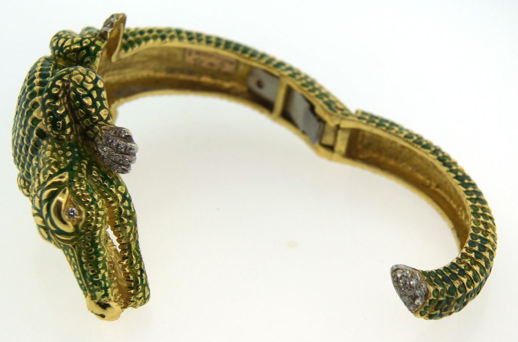 SEAMAN SCHEPPS Enamel, Diamond & Gold Crocodile Bangle Bracelet 6