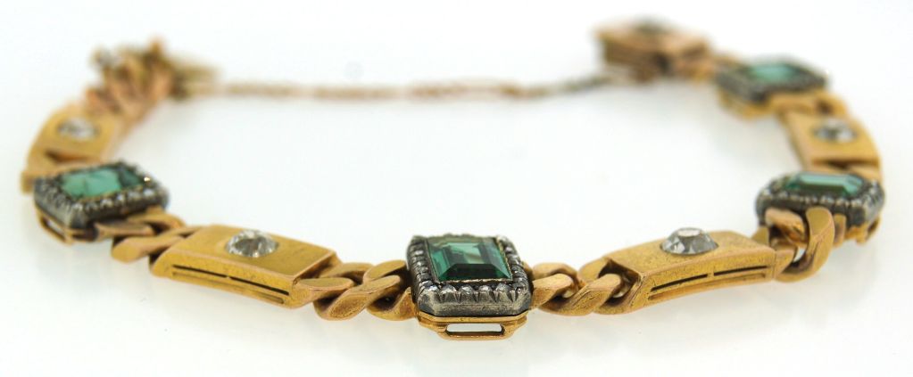 Victorian Antique Russian Green Tourmaline, Diamond & Yellow Gold Bracelet