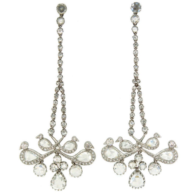 Pendientes araña de platino con diamantes talla rosa