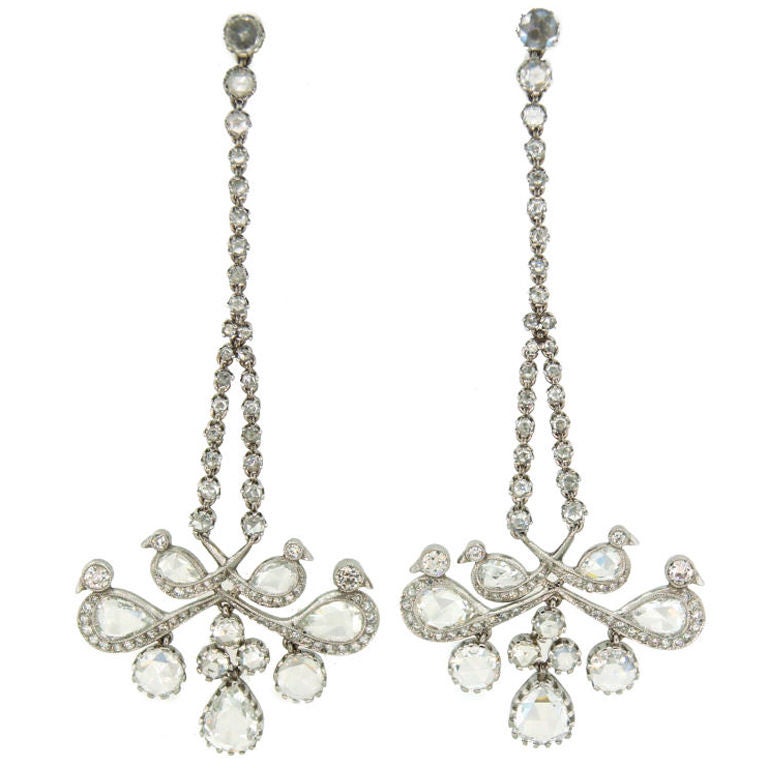 Rose Cut Diamond Platinum Chandelier Earrings For Sale