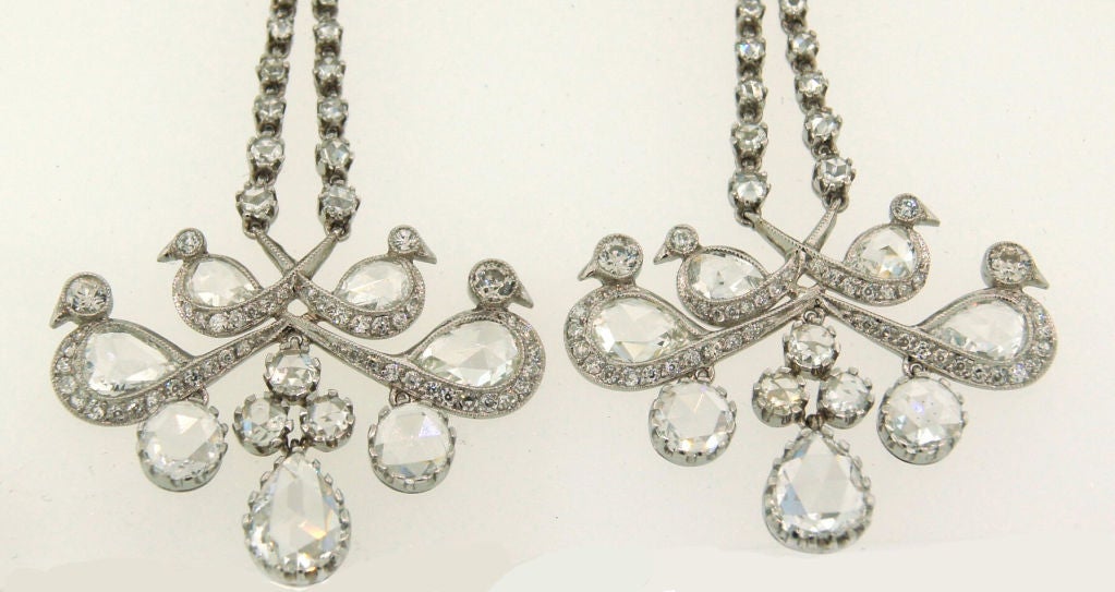 Rose Cut Diamond Platinum Chandelier Earrings For Sale 1
