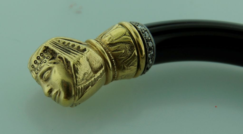 Diamond Black Onyx Gold Sphinx Bangle Bracelet, Egyptian Revival In Excellent Condition In Beverly Hills, CA