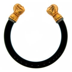 Diamond Black Onyx Gold Sphinx Bangle Bracelet, Egyptian Revival